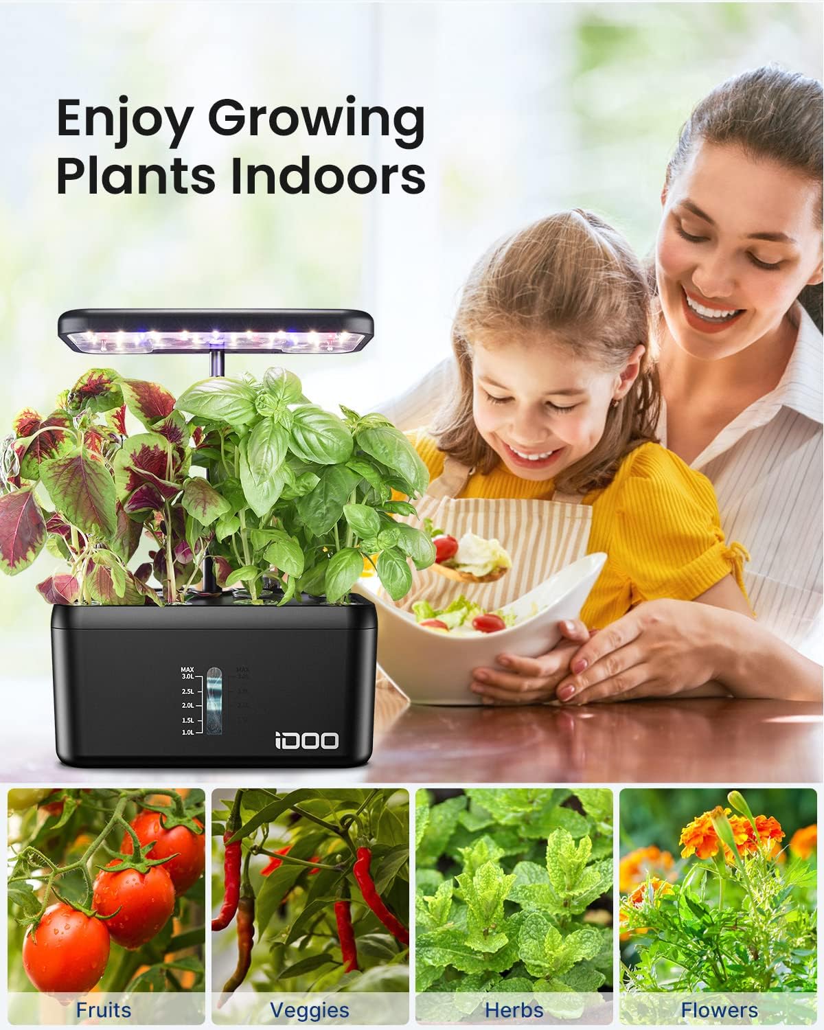 iDOO Hydroponics Growing System, 10 pods Smart Garden with LED Grow Light, Auto Timer, Indoor Herb Garden Germination Kit, 15 inches Height Adjustable, Water Shortage Alarm for Home Kitchen, Black