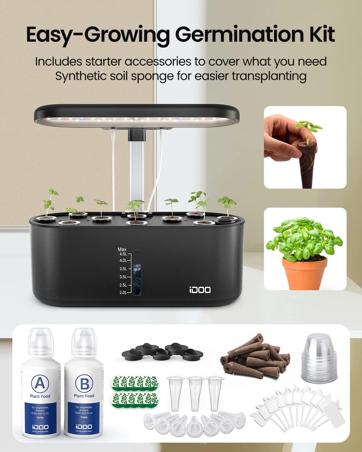 iDOO Hydroponics Growing System, 10 pods Smart Garden with LED Grow Light, Auto Timer, Indoor Herb Garden Germination Kit, 15 inches Height Adjustable, Water Shortage Alarm for Home Kitchen, Black