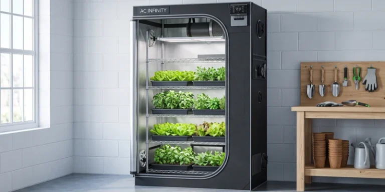 AC Infinity grow tent open with seedling trays in a bright utility room