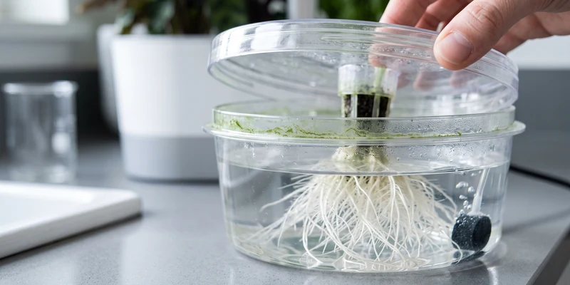 Close up of a hydroponic reservoir showing algae on the rim and clean roots
