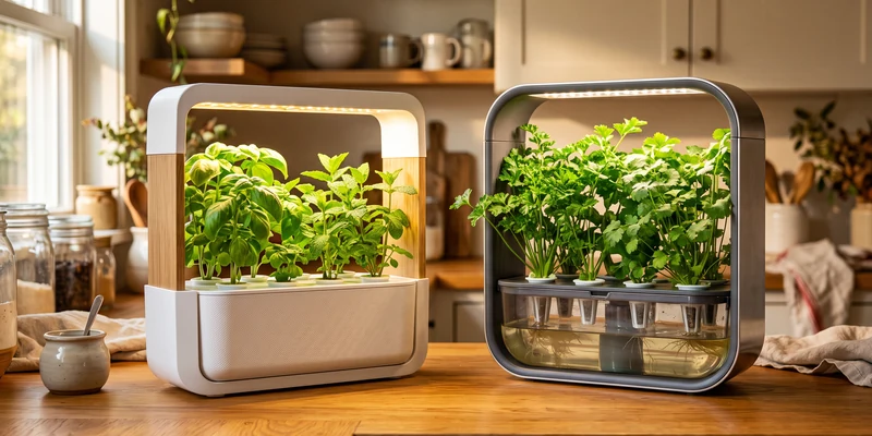 Two different countertop hydroponic gardens side by side growing herbs