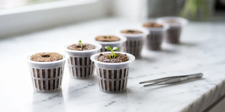 Close up of seed pods with sprouting seedlings on a marble surface