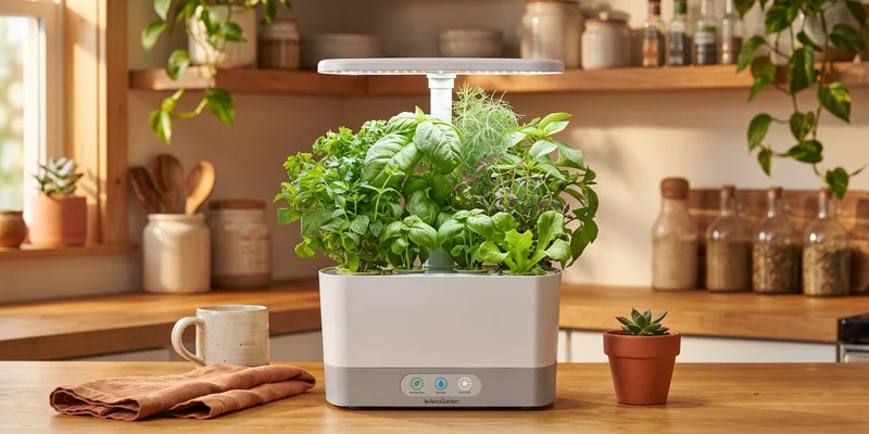 AeroGarden countertop hydroponic garden growing herbs in a warm kitchen