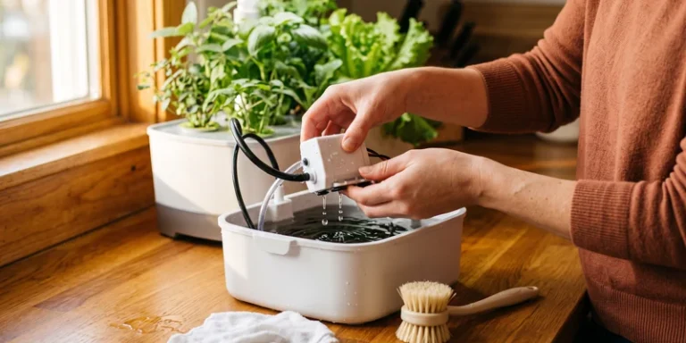 Hands lifting the pump out of a countertop hydroponic garden reservoir