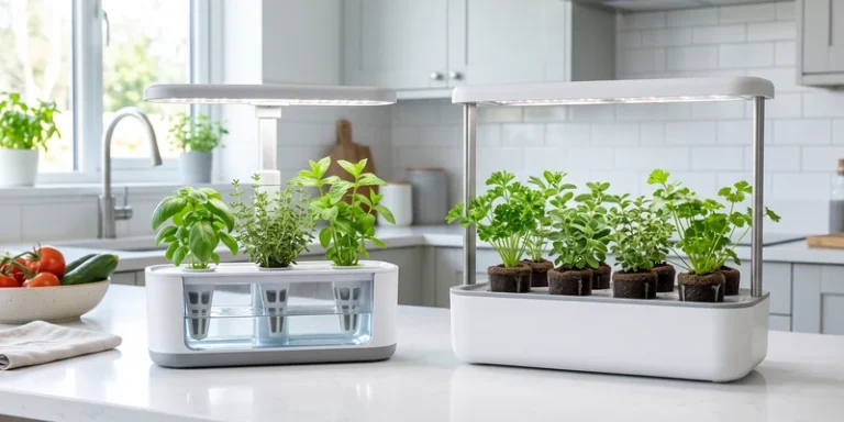 Two smart garden systems compared side by side on a white counter