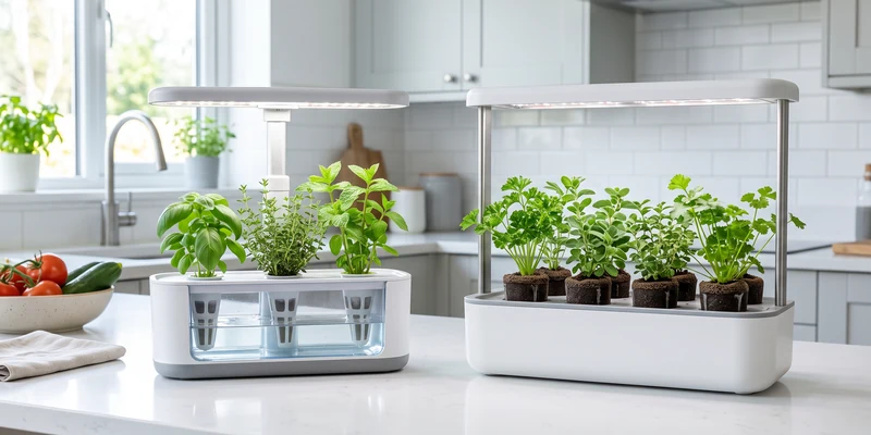 Two smart garden systems compared side by side on a white counter