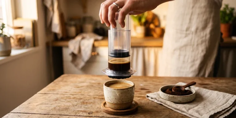 Manual coffee press over a cup of concentrated coffee on a wooden table