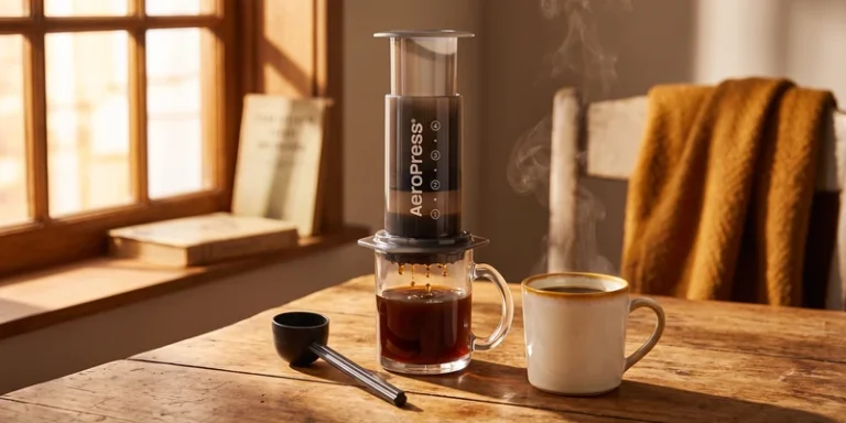 Manual coffee press on a rustic wooden table by a sunlit window