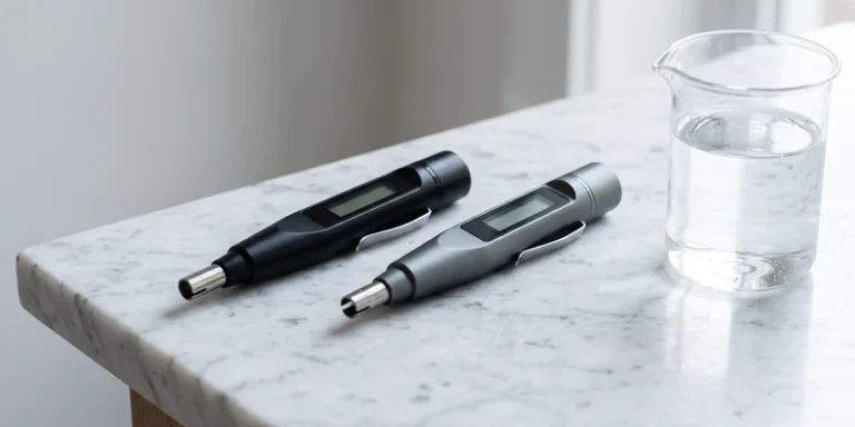 Two pocket water testers side by side on marble beside a beaker