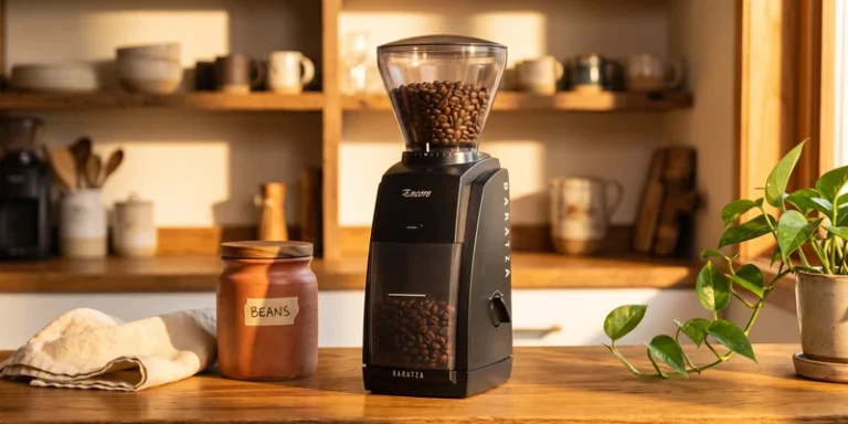 Conical burr coffee grinder on a warm oak counter in morning sunlight