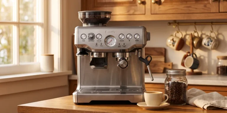 Espresso machine with grinder on a warm oak counter in a homely kitchen