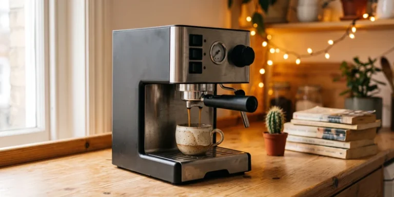 Budget espresso machine on a warm pine counter in a cozy apartment