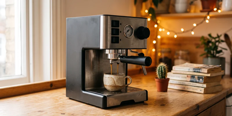 Compact entry level espresso machine on a warm kitchen counter