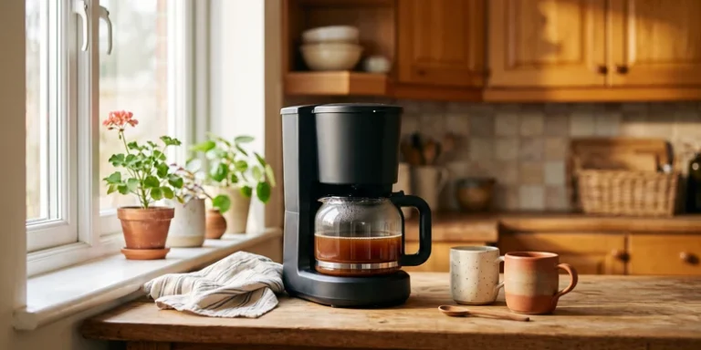Filter coffee machine with a glass carafe in a cozy family kitchen