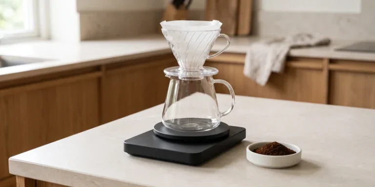 Minimalist coffee scale with a glass carafe and dripper on its platform