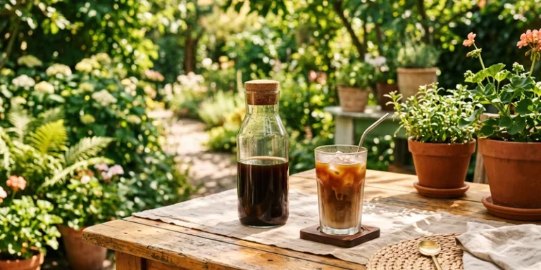 Cold brew carafe and iced coffee on a sunny garden terrace table