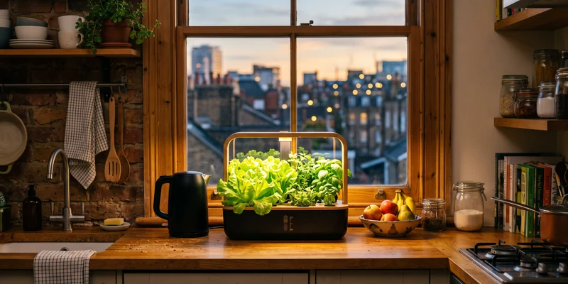 Compact hydroponic garden on a narrow counter in a small apartment kitchen