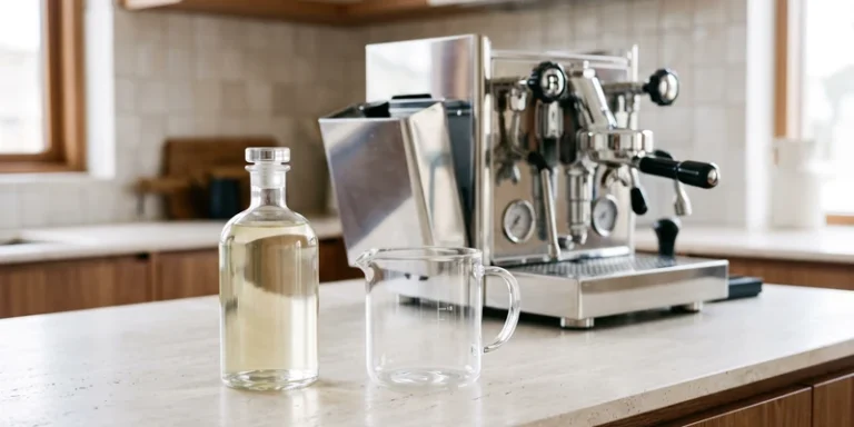 Bottle of descaling liquid and a measuring jug beside an espresso machine