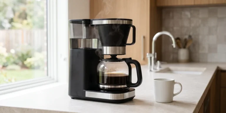 Drip filter coffee maker with a glass carafe of fresh coffee