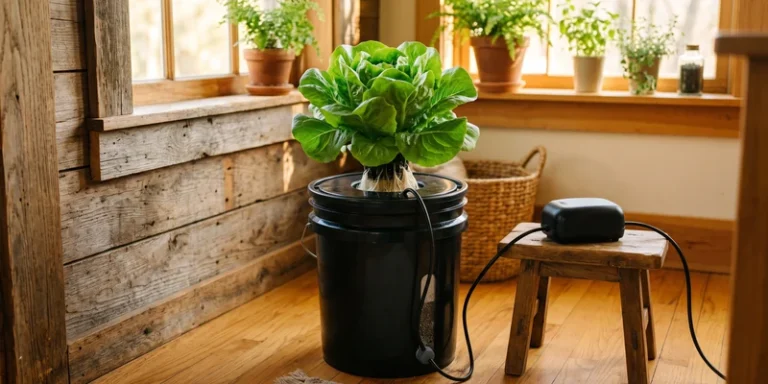 Complete DWC bucket system with air pump and a large lettuce plant