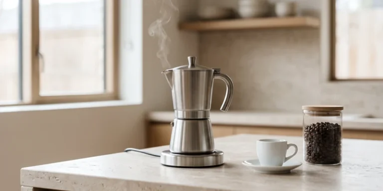 Electric moka coffee maker on a kitchen counter with an espresso cup