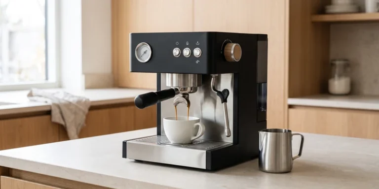 Home espresso machine in matte black and steel with a milk jug