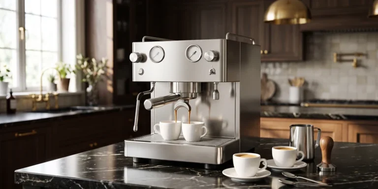 High end polished espresso machine on a dark marble counter