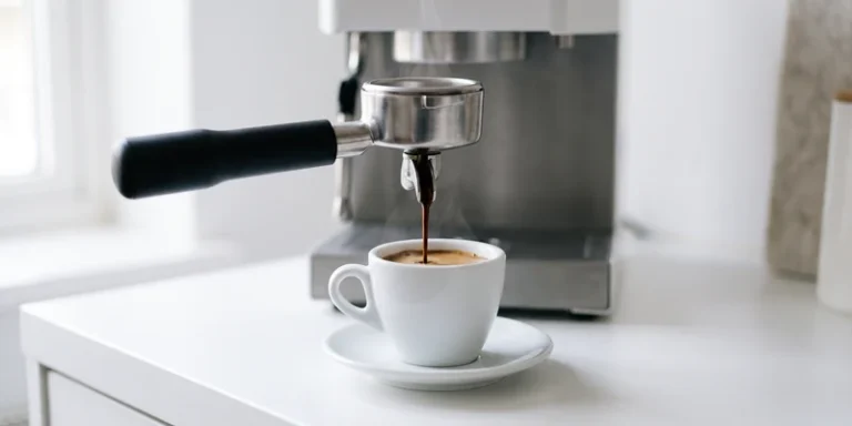 Close up of a portafilter pouring espresso into a small white cup
