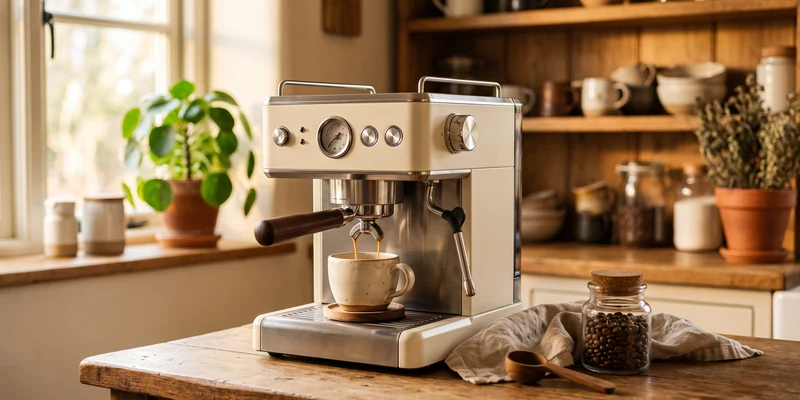Cream espresso machine on an oak counter in a cottage kitchen