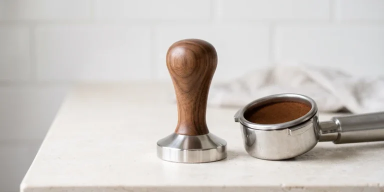 Espresso tamper with walnut handle beside a portafilter of tamped coffee