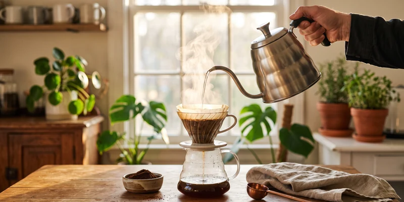 Gooseneck kettle pouring over a ceramic dripper