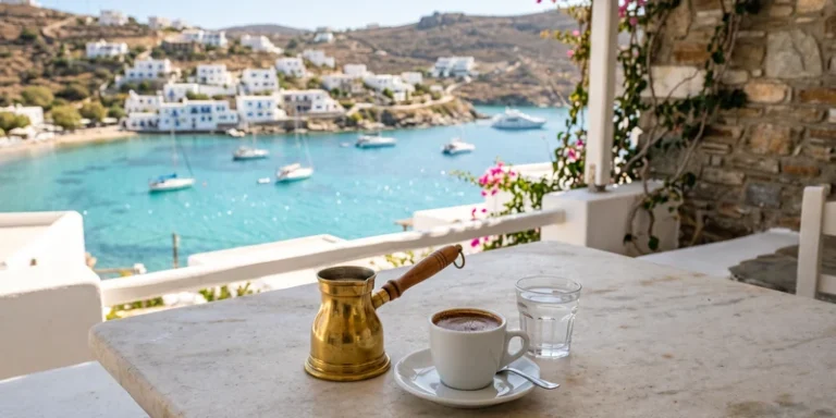 Briki and a cup of Greek coffee on a terrace overlooking a sunlit bay