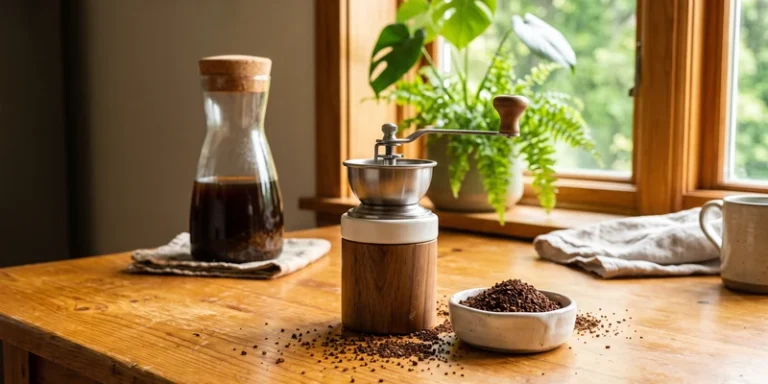 Burr grinder with very coarse grounds and a cold brew carafe in warm light