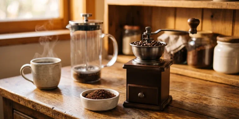 Burr grinder with coarse grounds and a French press on a warm oak table