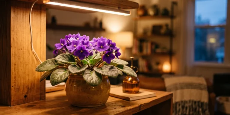 Blooming African violet under a slim LED bar on a wooden shelf