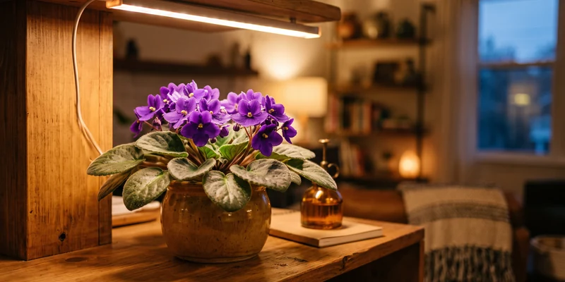 Blooming African violet under a slim LED bar on a wooden shelf
