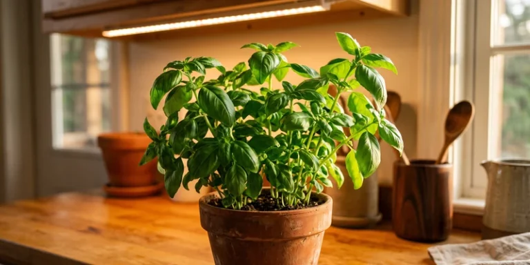 Basil plant in a terracotta pot under an LED strip light on a kitchen counter