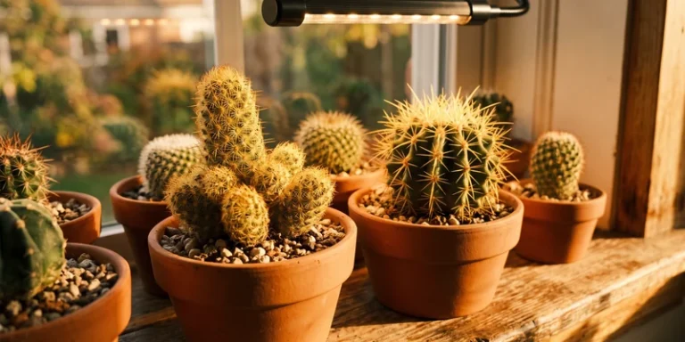 Cacti in terracotta pots on a sunny windowsill under a small grow lamp