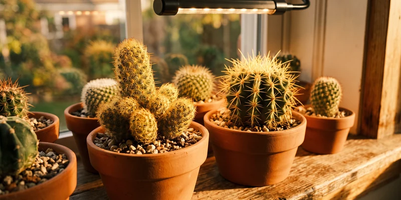 Cacti in terracotta pots on a sunny windowsill under a small grow lamp