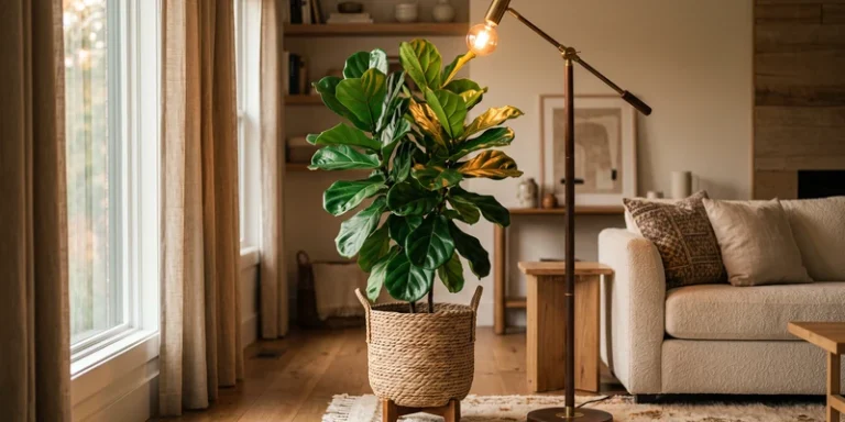 Fiddle leaf fig beside a floor grow lamp in a warm living room