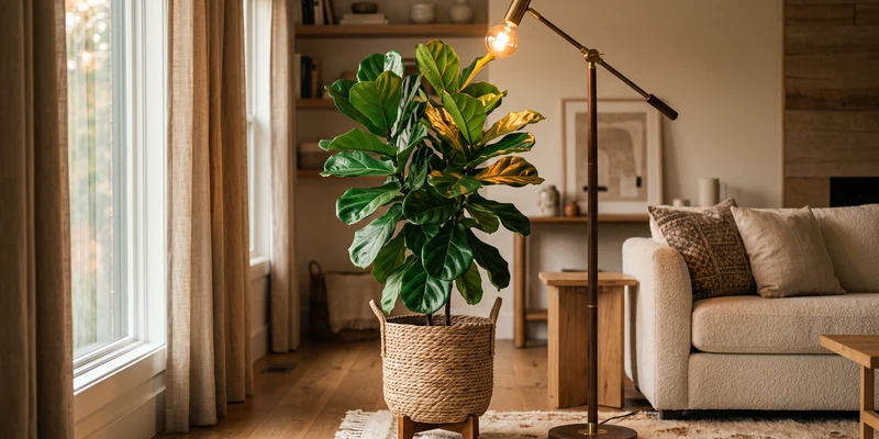 Fiddle leaf fig beside a floor grow lamp in a warm living room