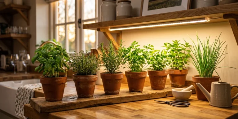 Row of herb pots under a linkable LED strip on a wooden kitchen shelf
