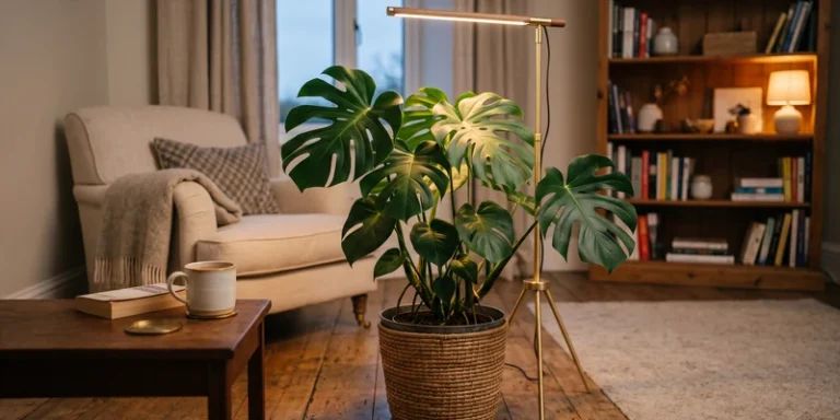 Monstera under a grow light in a cozy living room corner