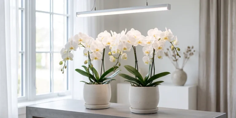 White orchids under a slim LED bar on a console table