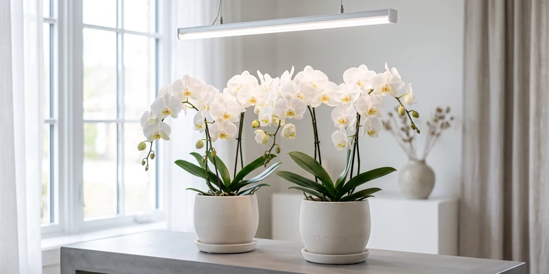 White orchids under a slim LED bar on a console table