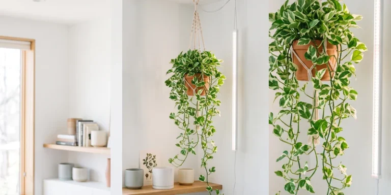 Variegated pothos trailing from a hanging planter beside a grow light