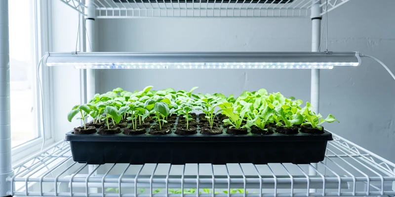 Tray of seedlings under an LED strip mounted close above on a wire rack