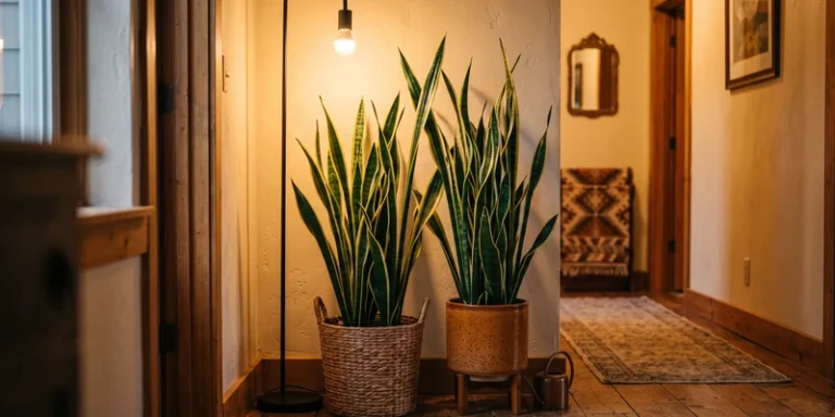 Snake plants beside a floor grow lamp in a warm hallway corner