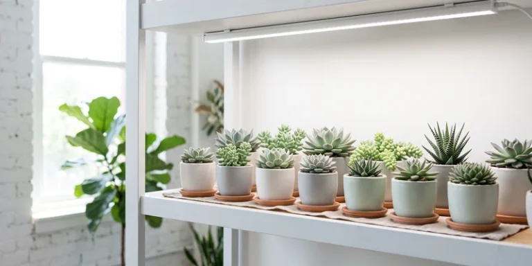 Succulent collection under a slim LED bar on a bright white shelf