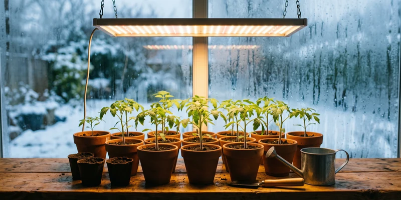 Tomato seedlings under a glowing LED panel with a cold window behind